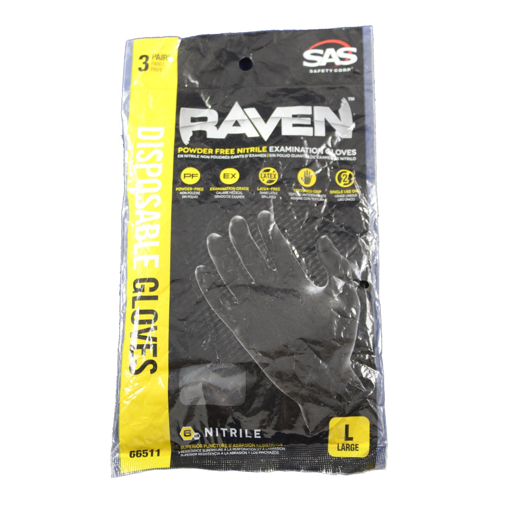 Gloves,Large,Safety Corporation, 66511, Raven Nitrile Gloves,3 Pair-66511