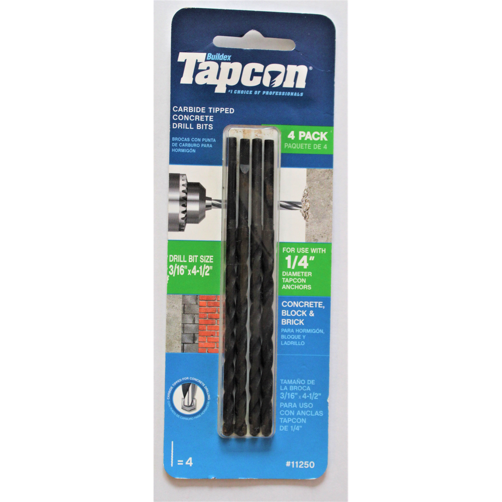 Tapcon - Carbide Tipped Concrete Drill Bits - 3/16" x 4-1/2"  - 11250 - 4pk